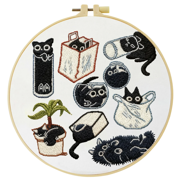 Black Cat Embroidery DIY Kit – Cute Cartoon Beginner Stitching Kit with Hoop, Pattern & Threads