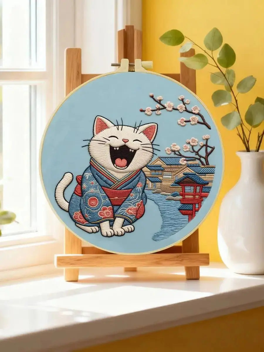 Smiling Kimono Cat Embroidery Kit Kits For Stitchers