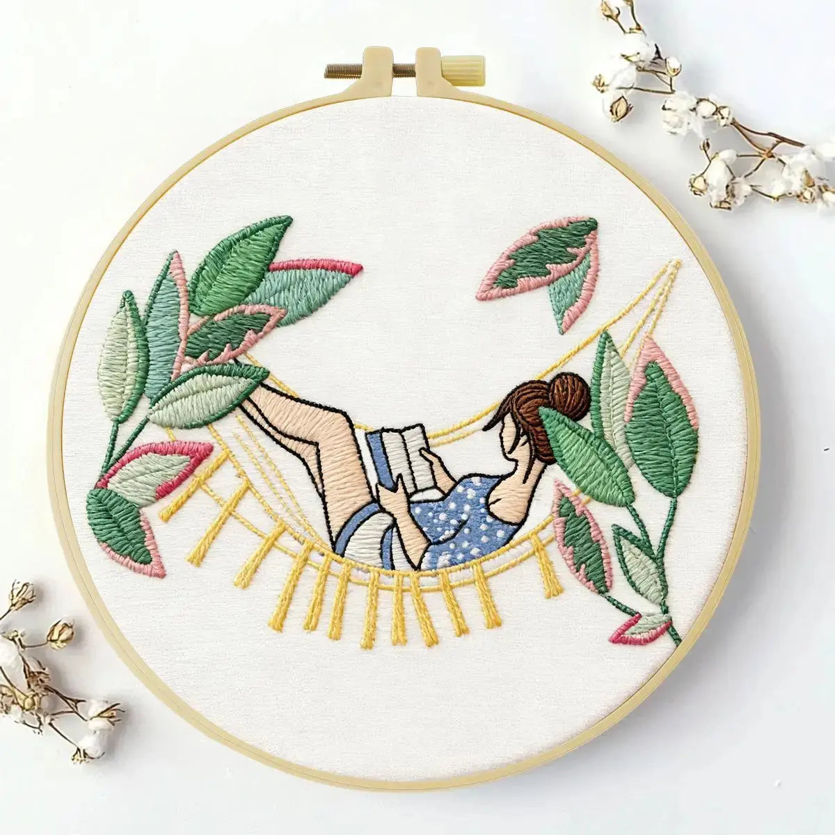 Relaxing Girl Hammock Embroidery Kit – DIY Cozy Reading Hoop Art for Beginners & Craft Lovers Kits For Stitchers