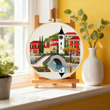 European Village Bridge Embroidery Kit – Scenic Canal Town DIY Needlepoint Hoop Art Cozy Landscape Decor Craft Gift for Adults