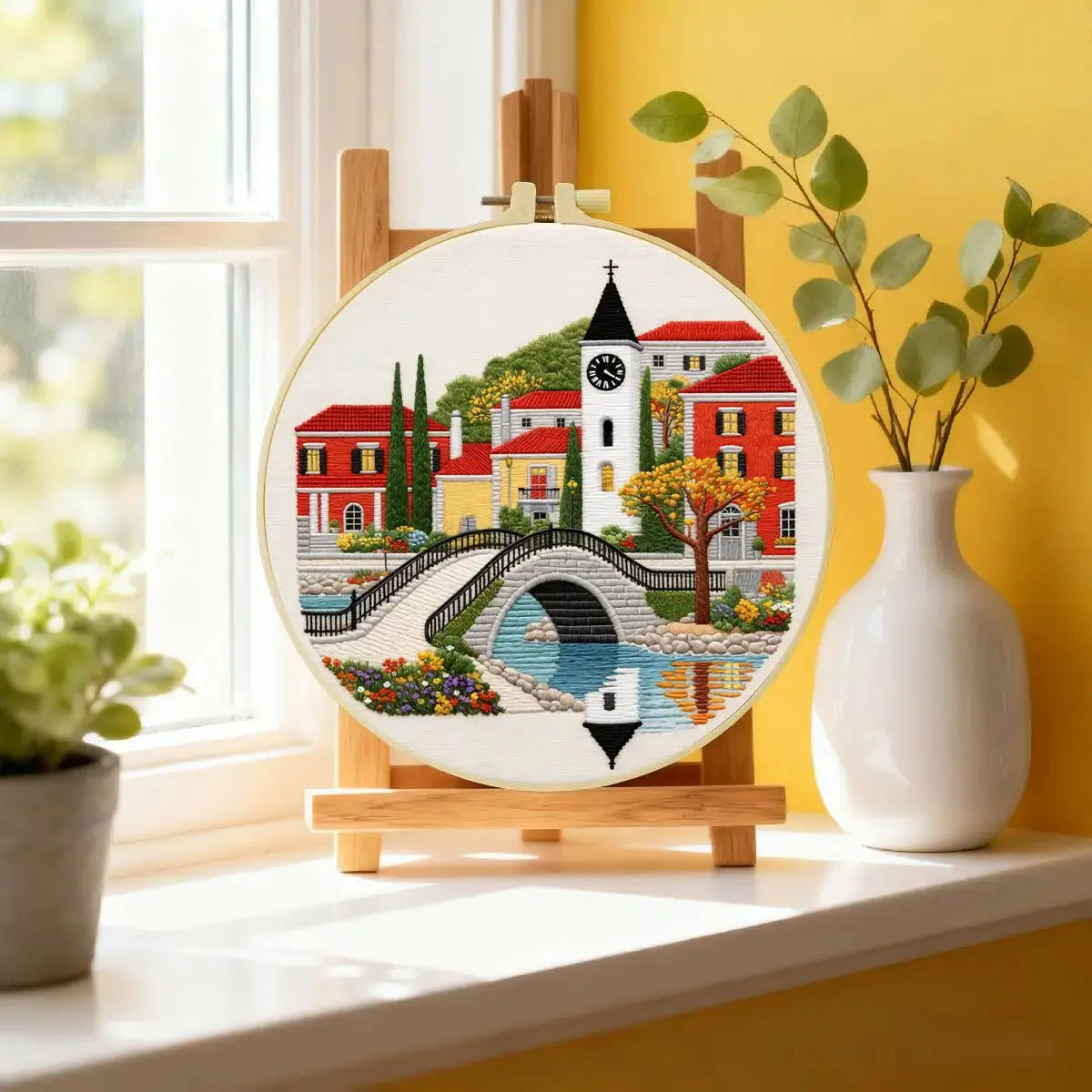 European Village Bridge Embroidery Kit – Scenic Canal Town DIY Needlepoint Hoop Art Cozy Landscape Decor Craft Gift for Adults Kits For Stitchers