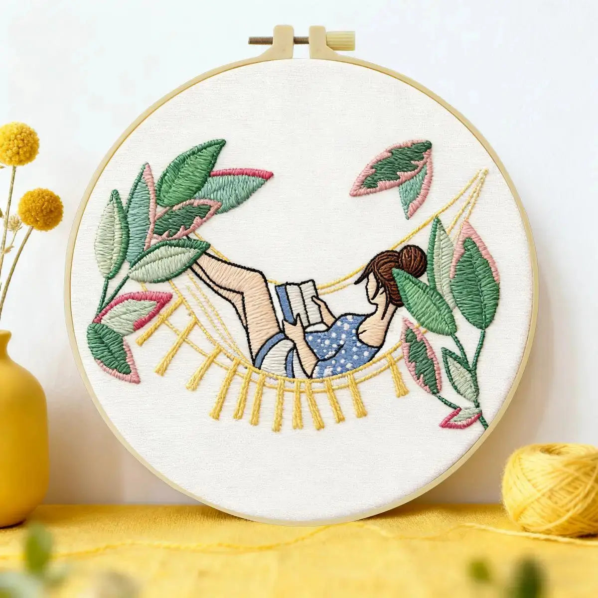 Relaxing Girl Hammock Embroidery Kit – DIY Cozy Reading Hoop Art for Beginners & Craft Lovers Kits For Stitchers
