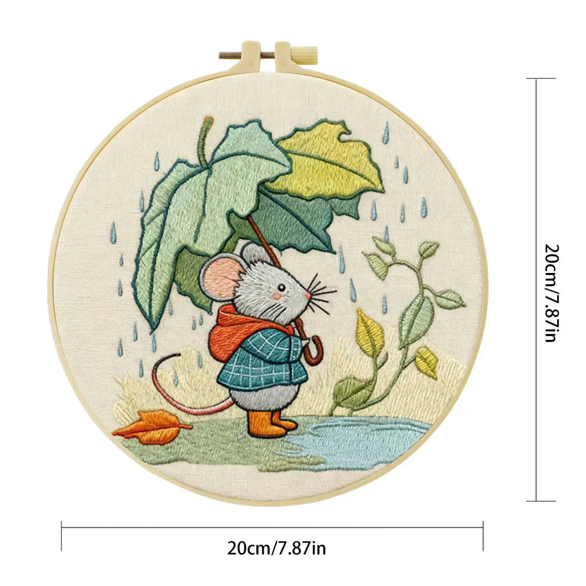 Cute Mouse with Leaf Umbrella Embroidery Kit – Whimsical Rainy Day DIY Hand Embroidery Hoop Art Set