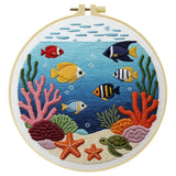 Ocean Life Embroidery Kit – Tropical Fish & Sea Turtle DIY Hand Embroidery Hoop Art Set Kits For Stitchers