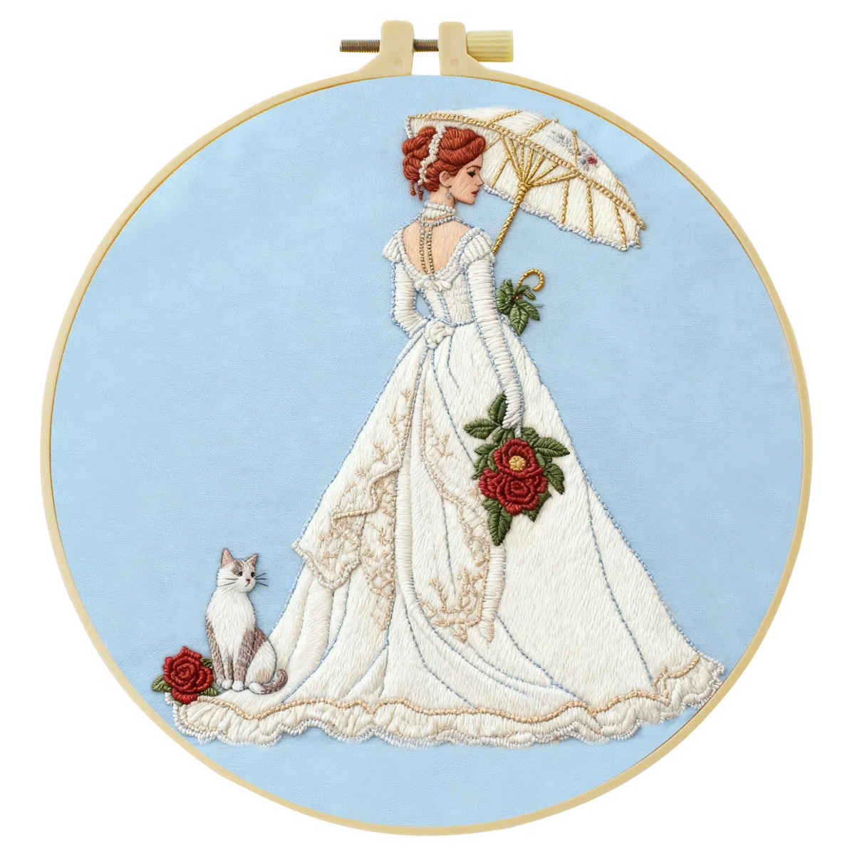 Victorian Lady Embroidery Kit – Elegant Woman with Parasol & Cat Needlepoint Pattern in Romantic Vintage Style