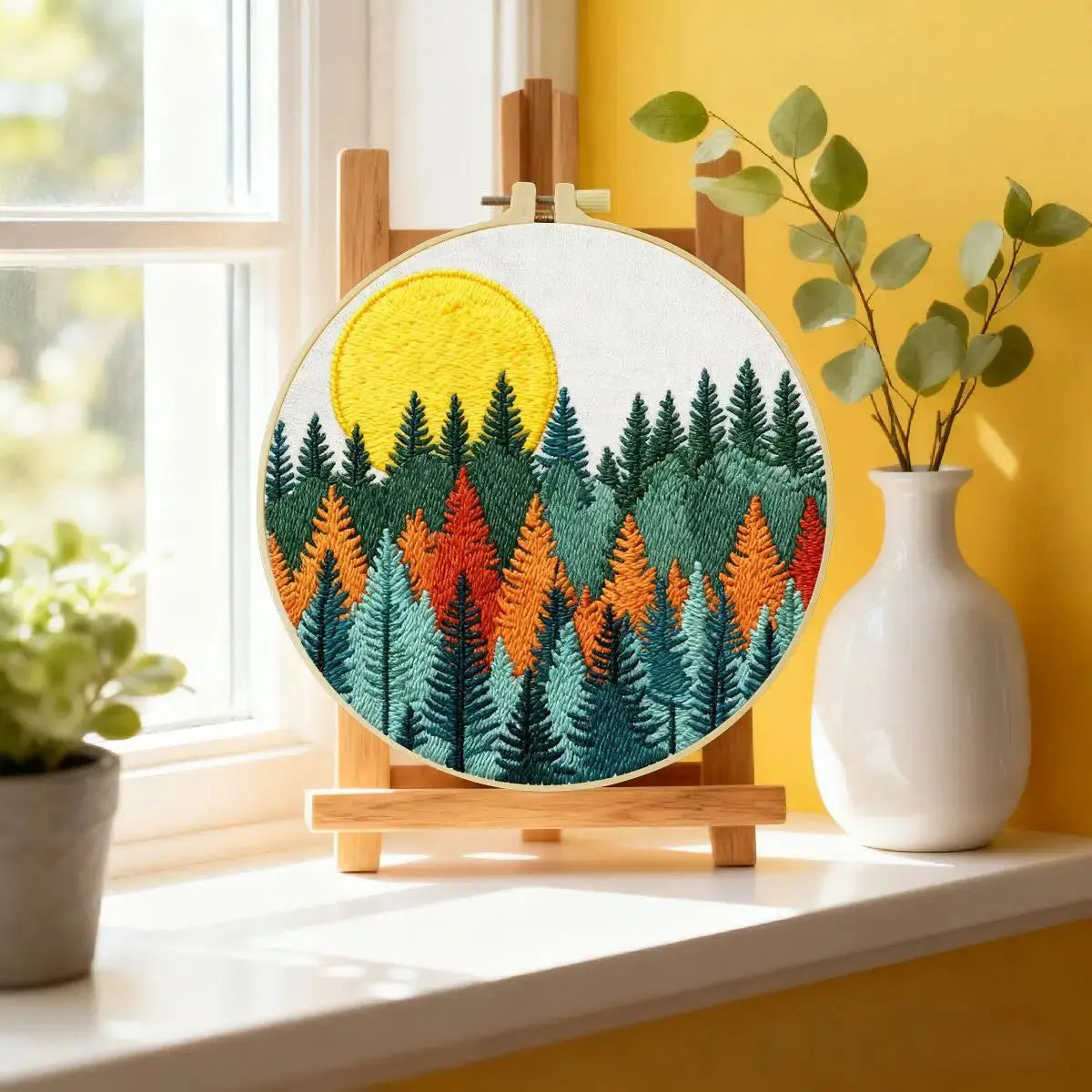 Moonlit Forest Embroidery Kit – Colorful Pine Trees DIY Hand Embroidery Hoop Art Set Kits For Stitchers