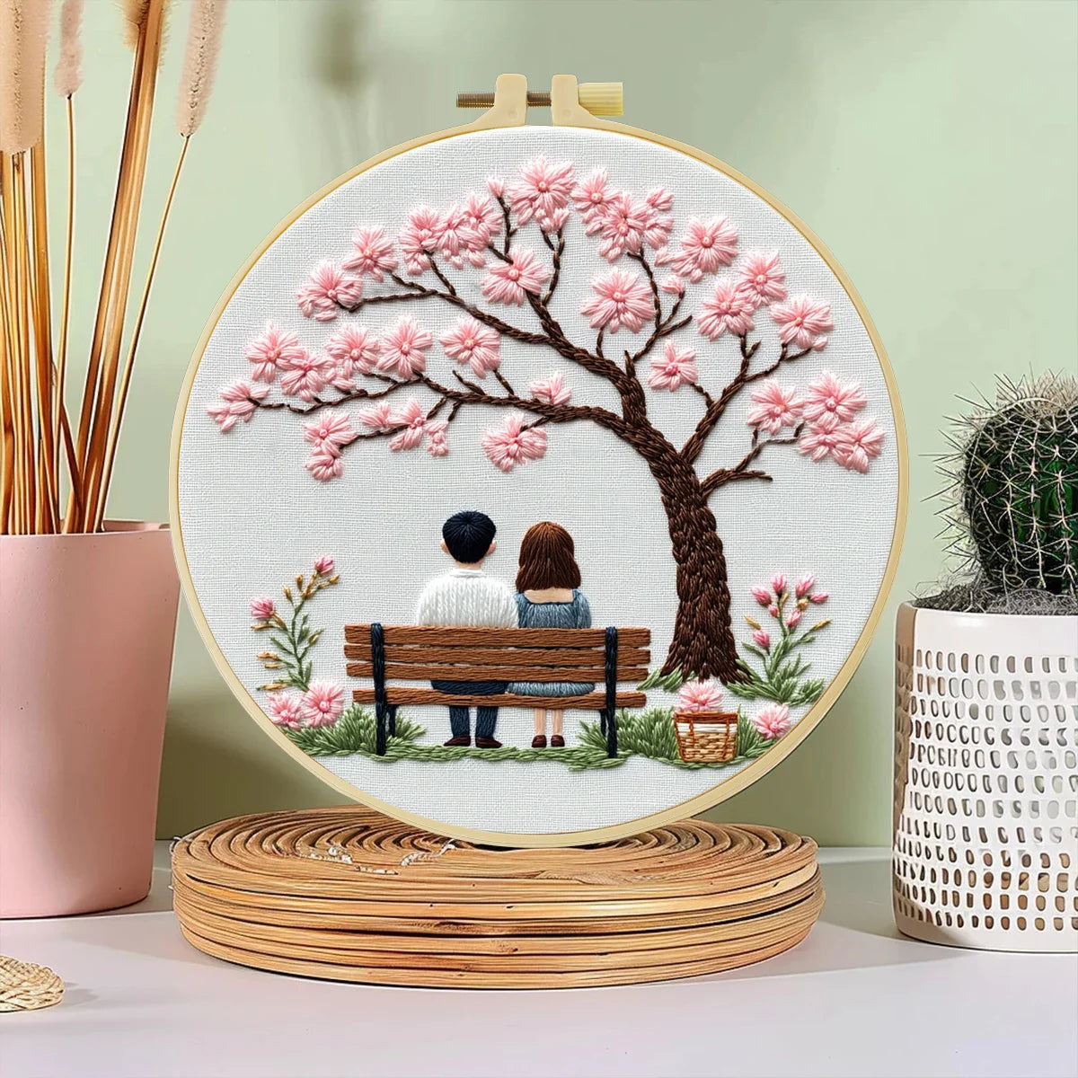 Cherry Blossom Couple Embroidery Kit – Romantic Spring Bench Needlepoint Pattern with Sakura Tree & Cozy Love Scene