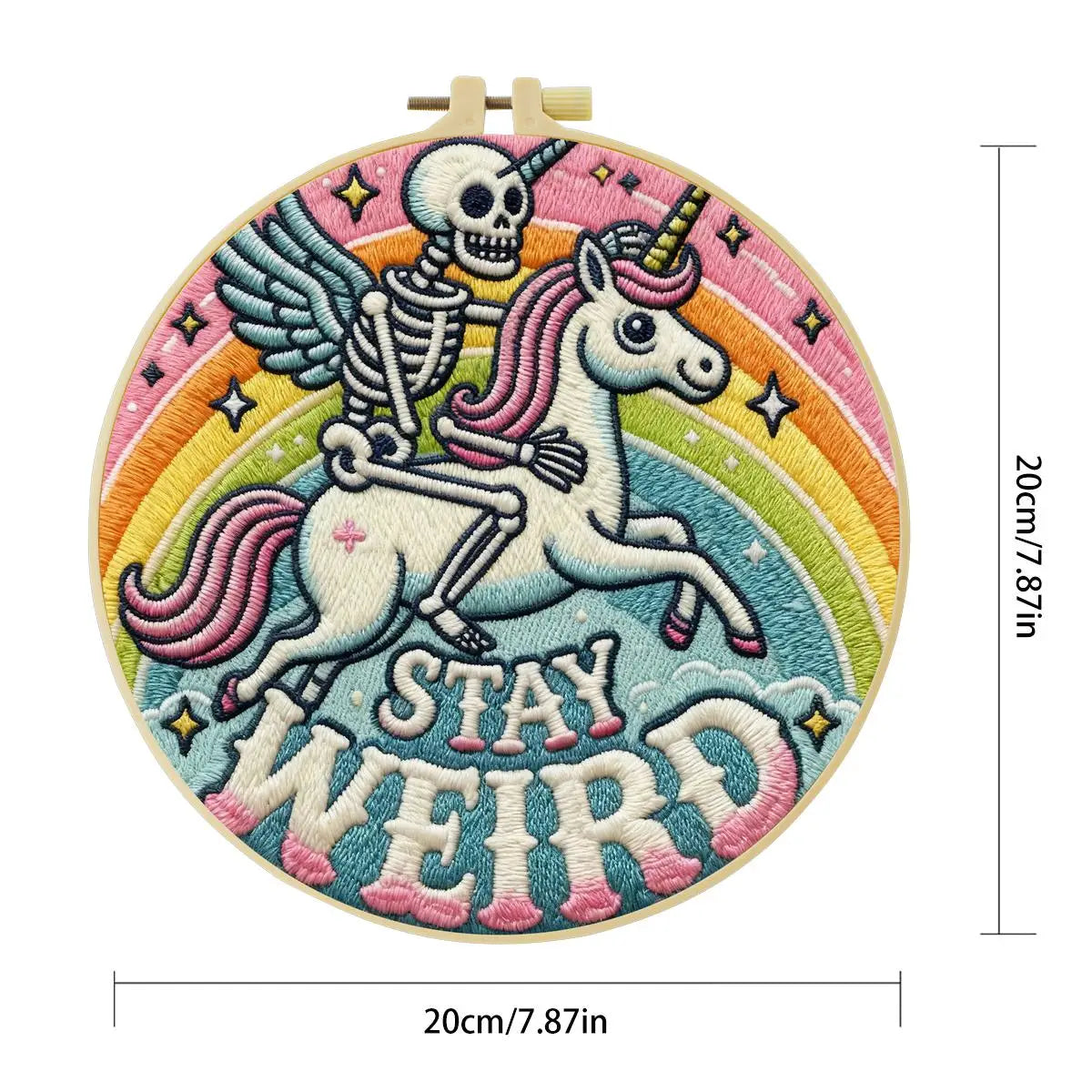 Stay Weird Skeleton Unicorn Embroidery Kit – Funny Gothic Rainbow DIY Hand Embroidery Hoop Set