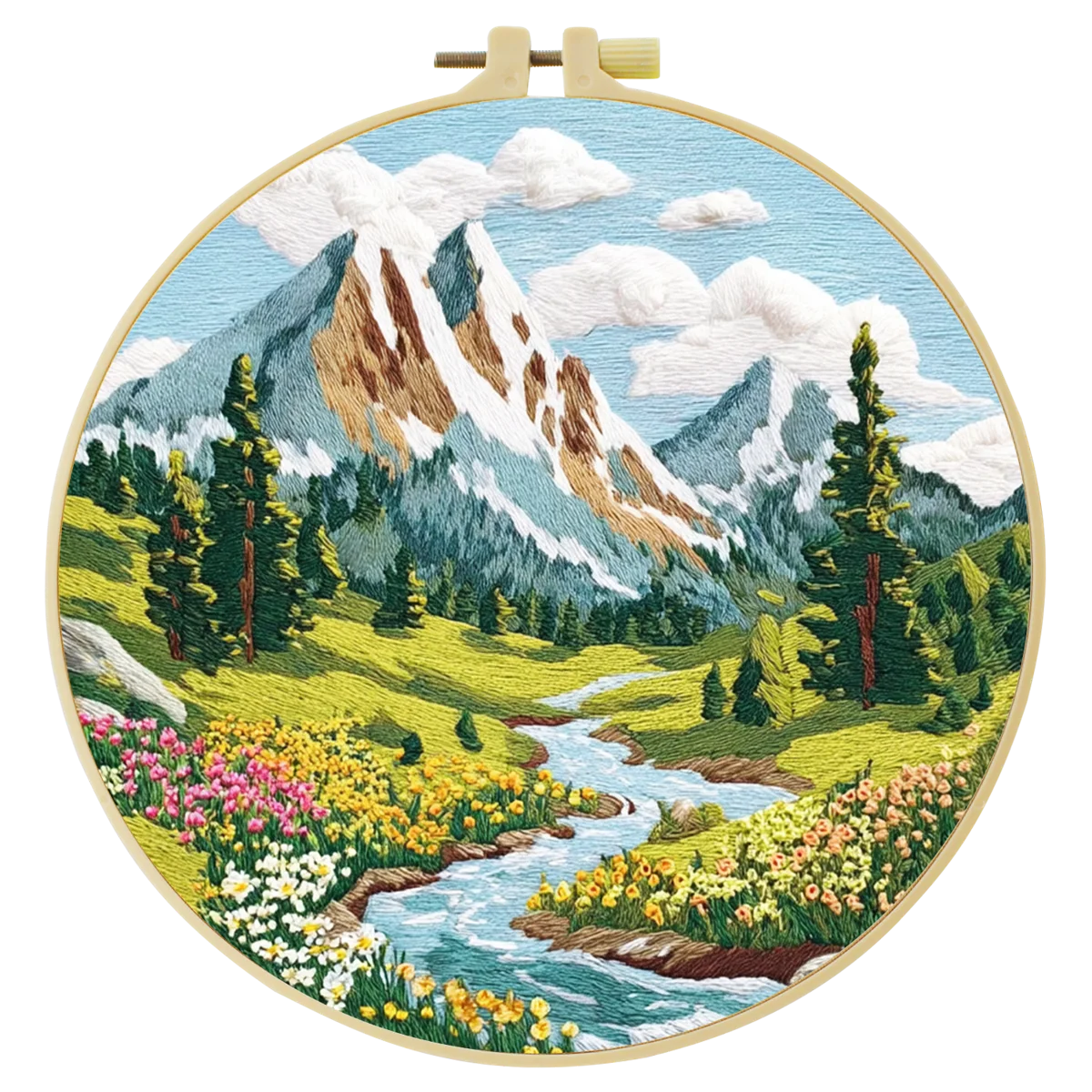 Mountain Wildflower Landscape Embroidery Kit – Alpine River Scenic DIY Needlepoint Hoop Art Nature Lover Craft Gift for Adults
