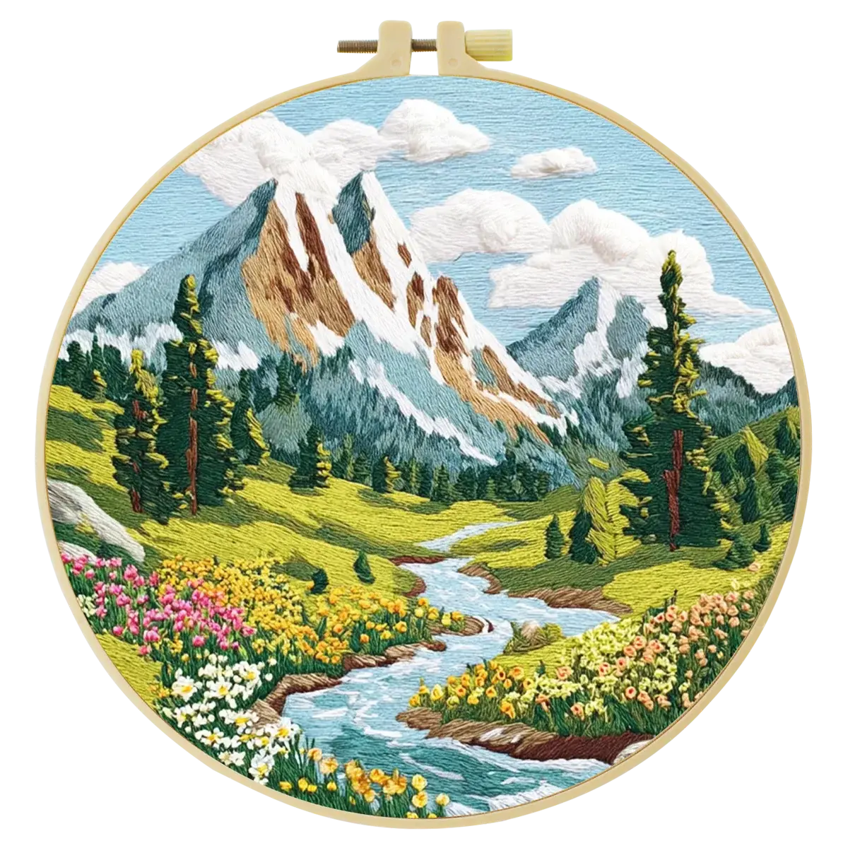 Mountain Wildflower Landscape Embroidery Kit – Alpine River Scenic DIY Needlepoint Hoop Art Nature Lover Craft Gift for Adults Kits For Stitchers