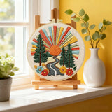 Retro Sunset Forest Embroidery Kit – Colorful Nature DIY Hand Embroidery Hoop Art Set