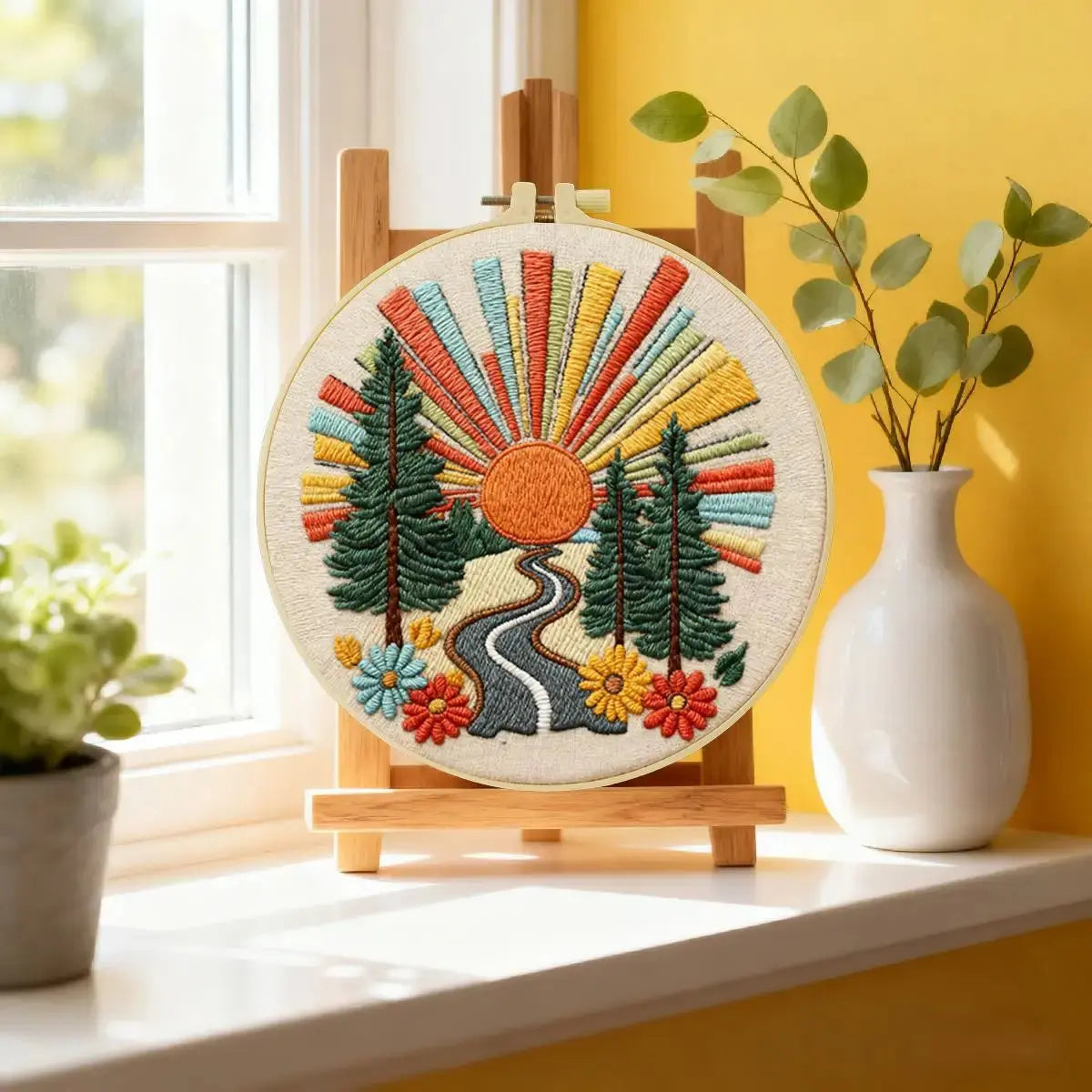 Retro Sunset Forest Embroidery Kit – Colorful Nature DIY Hand Embroidery Hoop Art Set Kits For Stitchers