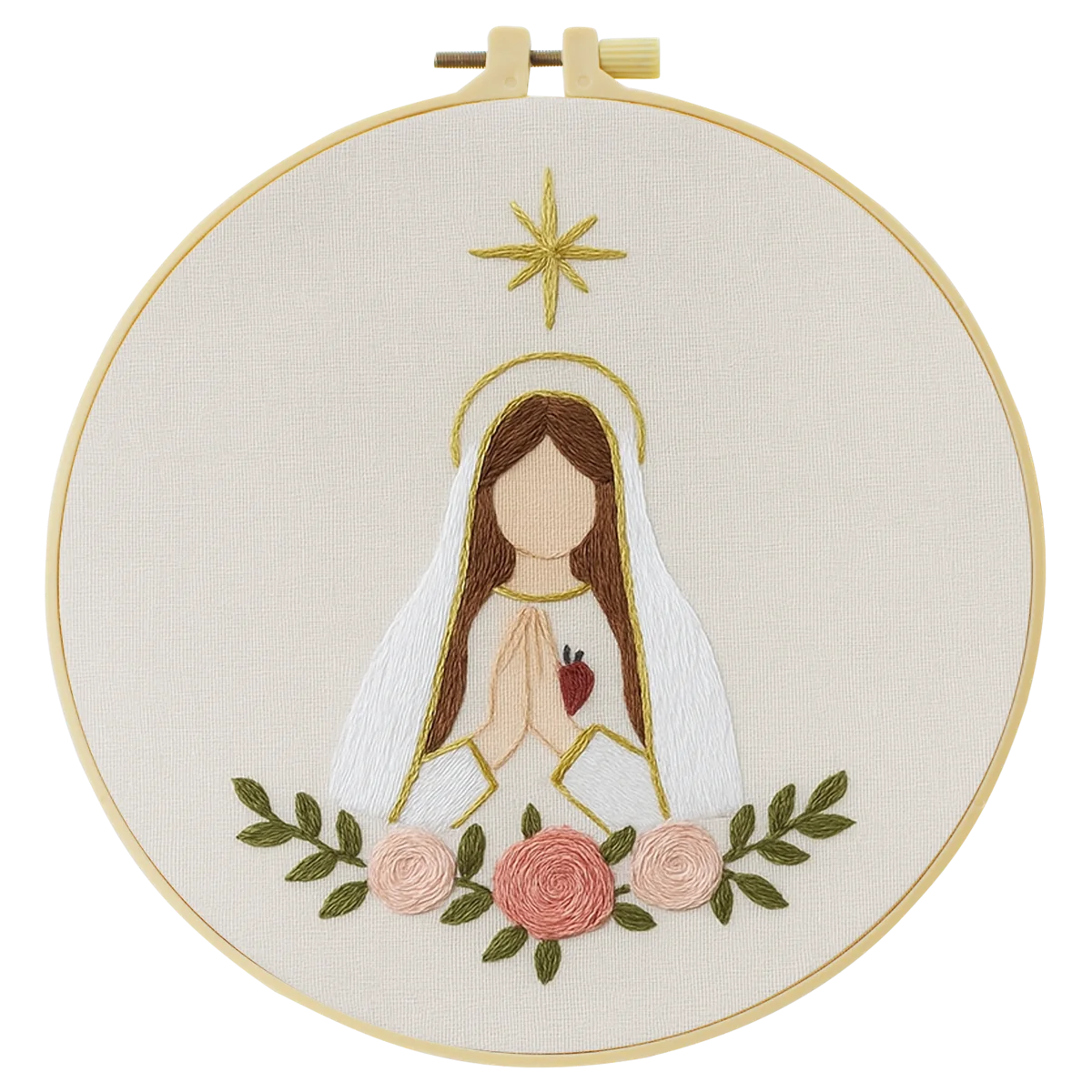 Minimalist Virgin Mary Embroidery Kit – Sacred Heart Christian Needlepoint Pattern with Floral Religious Wall Art Decor