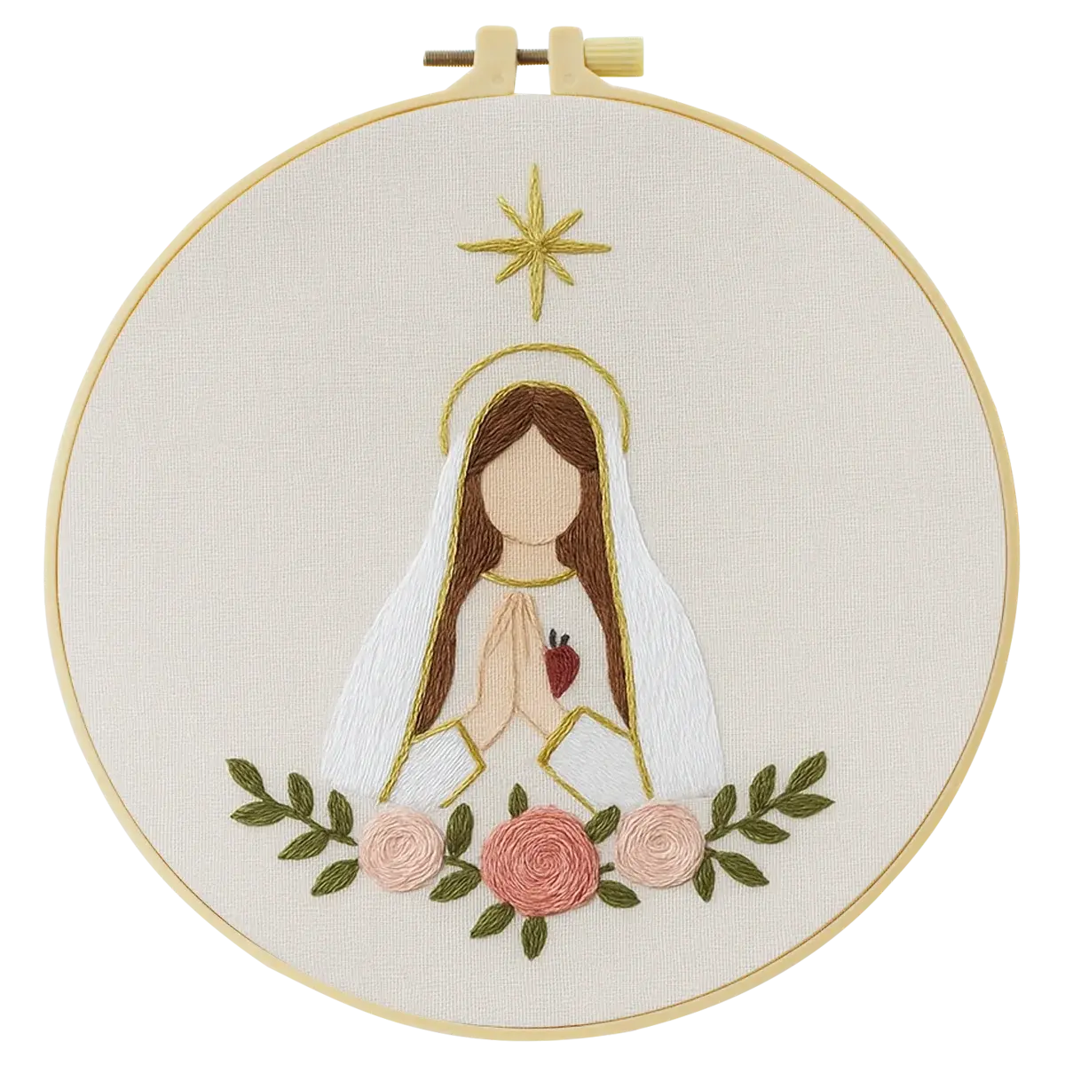 Minimalist Virgin Mary Embroidery Kit – Sacred Heart Christian Needlepoint Pattern with Floral Religious Wall Art Decor Kits For Stitchers