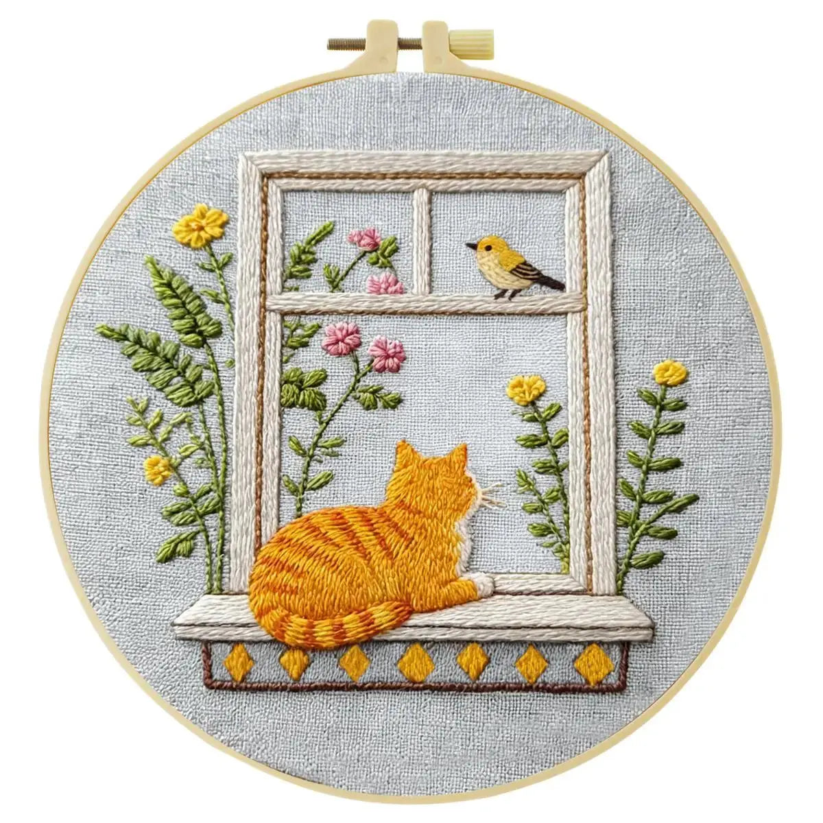 Window Cat Embroidery Kit – Cozy Birdwatching Kitty DIY Hand Embroidery Hoop Art Set Kits For Stitchers