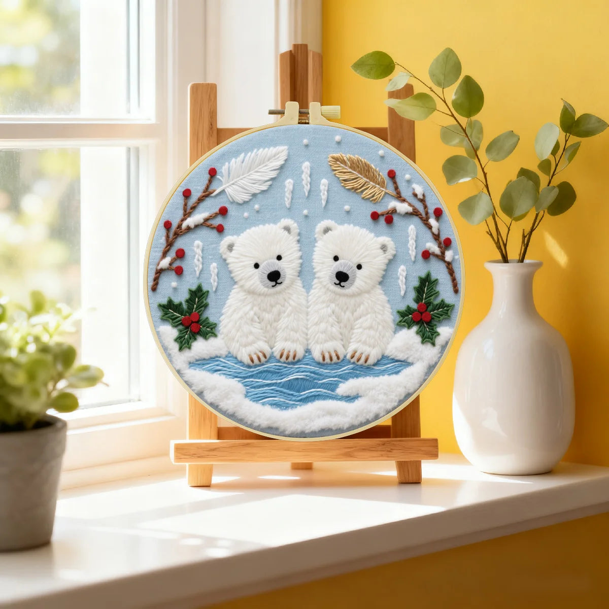 Handmade Polar Bear Cub Embroidery Hoop Wall Art – Winter Nursery Animal Fiber Decor