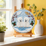 Handmade Polar Bear Cub Embroidery Hoop Wall Art – Winter Nursery Animal Fiber Decor