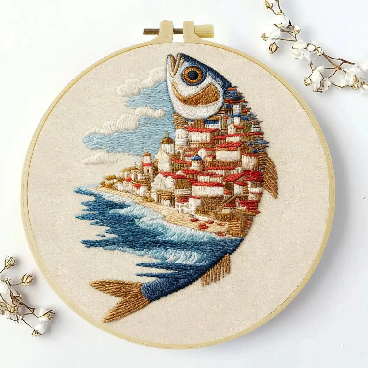Coastal Village Fish Embroidery Kit Kits For Stitchers