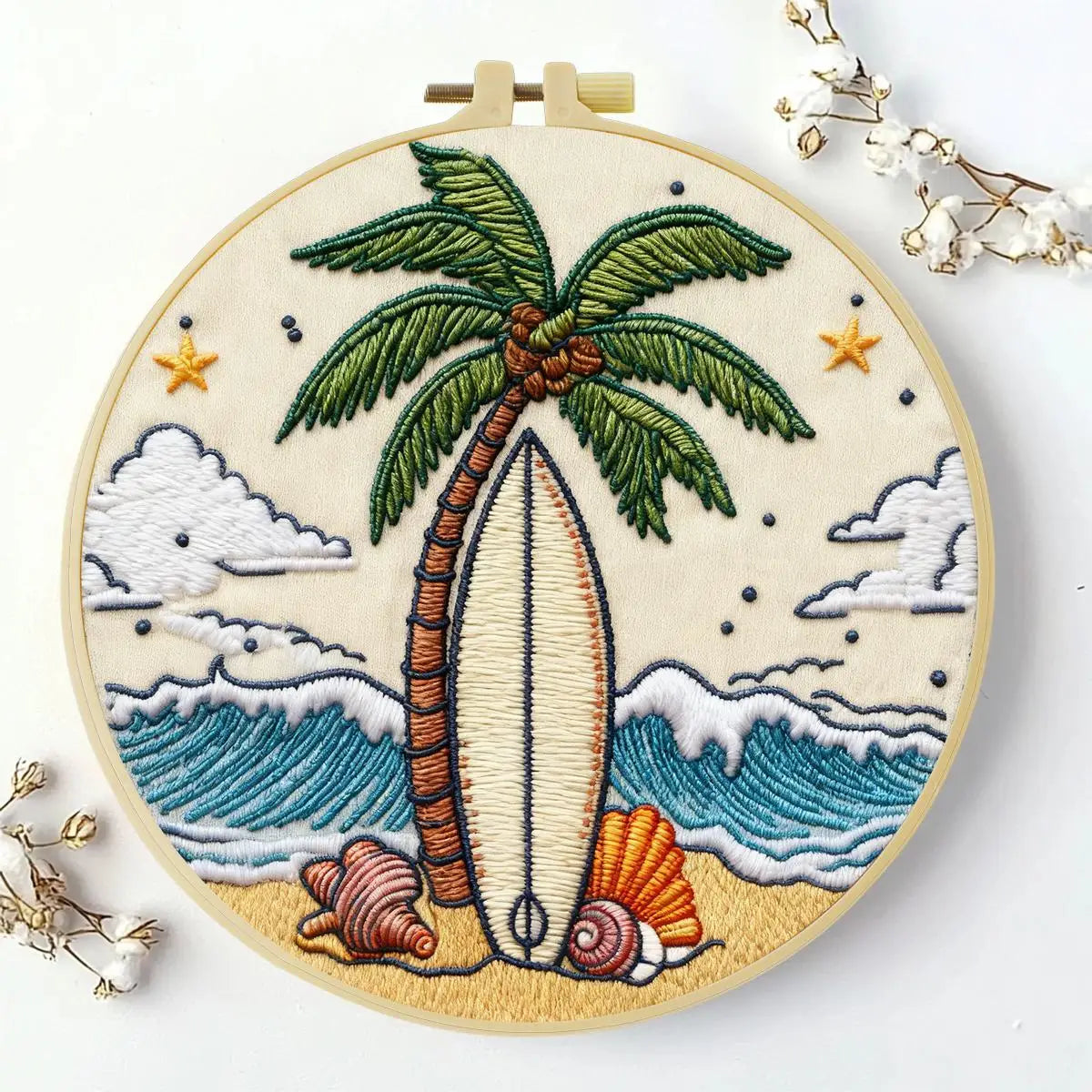 Surfboard Beach Punch Needle Wall Art – Handmade Embroidery Hoop Decor for Nursery & Cozy Rooms