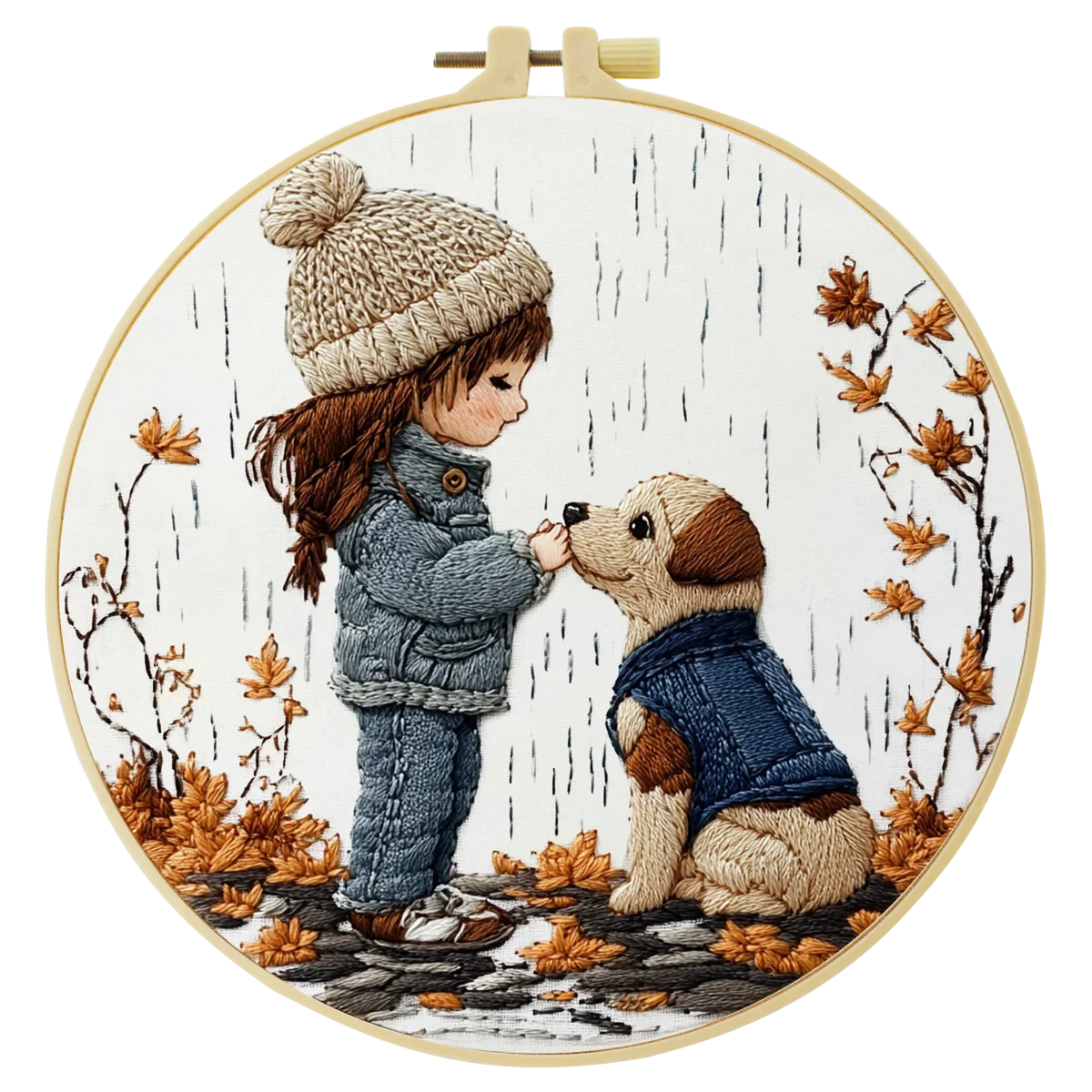 Little Girl & Puppy Embroidery Kit – Cozy Autumn Friendship Needlepoint Pattern for Dog Lovers and Whimsical Home Decor
