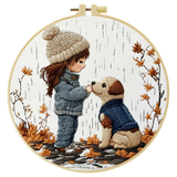 Little Girl & Puppy Embroidery Kit – Cozy Autumn Friendship Needlepoint Pattern for Dog Lovers and Whimsical Home Decor