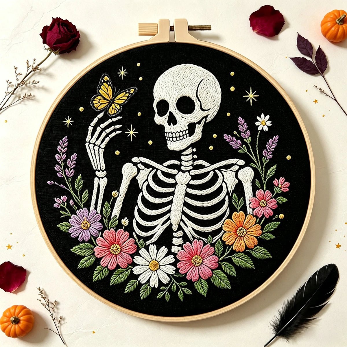 Floral Skeleton Embroidery Kit – Set of 3