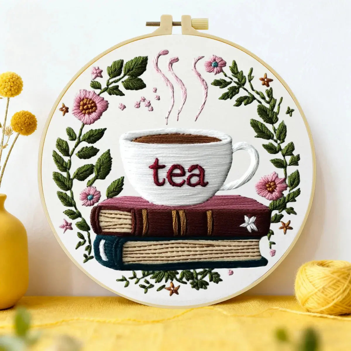 Handmade Tea Lover Embroidery Hoop Wall Art – Floral Book Stack Kitchen Decor Kits For Stitchers