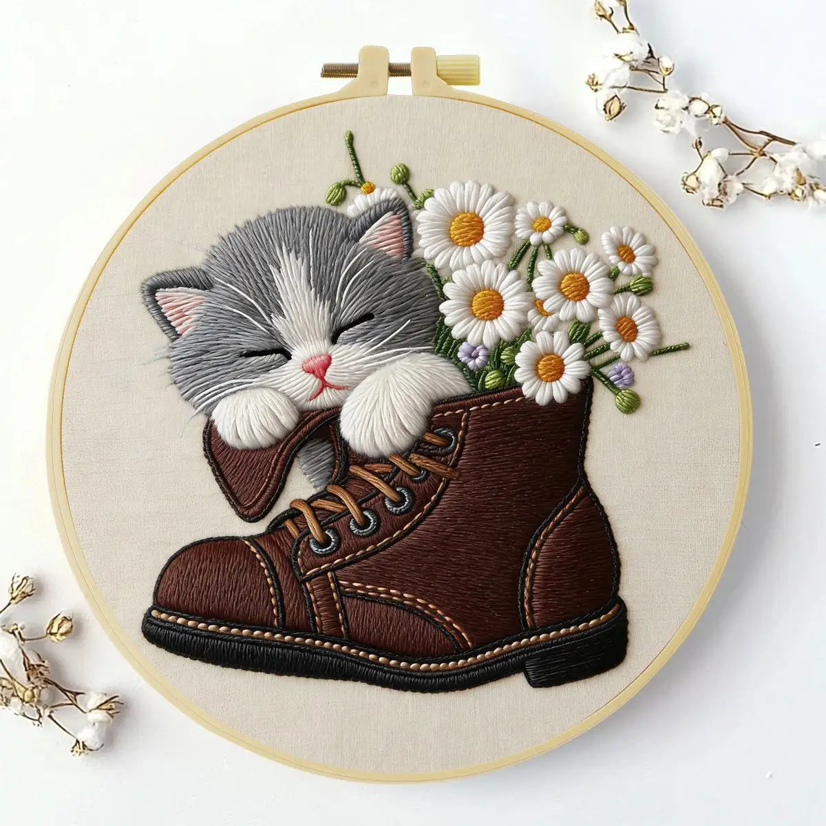 Sleeping Kitten Embroidery Kit for Beginners – DIY Floral Cat Hand Embroidery Hoop Set