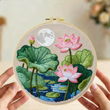 Lotus Pond Embroidery Kit – Pink Water Lily Needlepoint Pattern with Moonlit Nature Landscape & Zen Floral Wall Art Decor