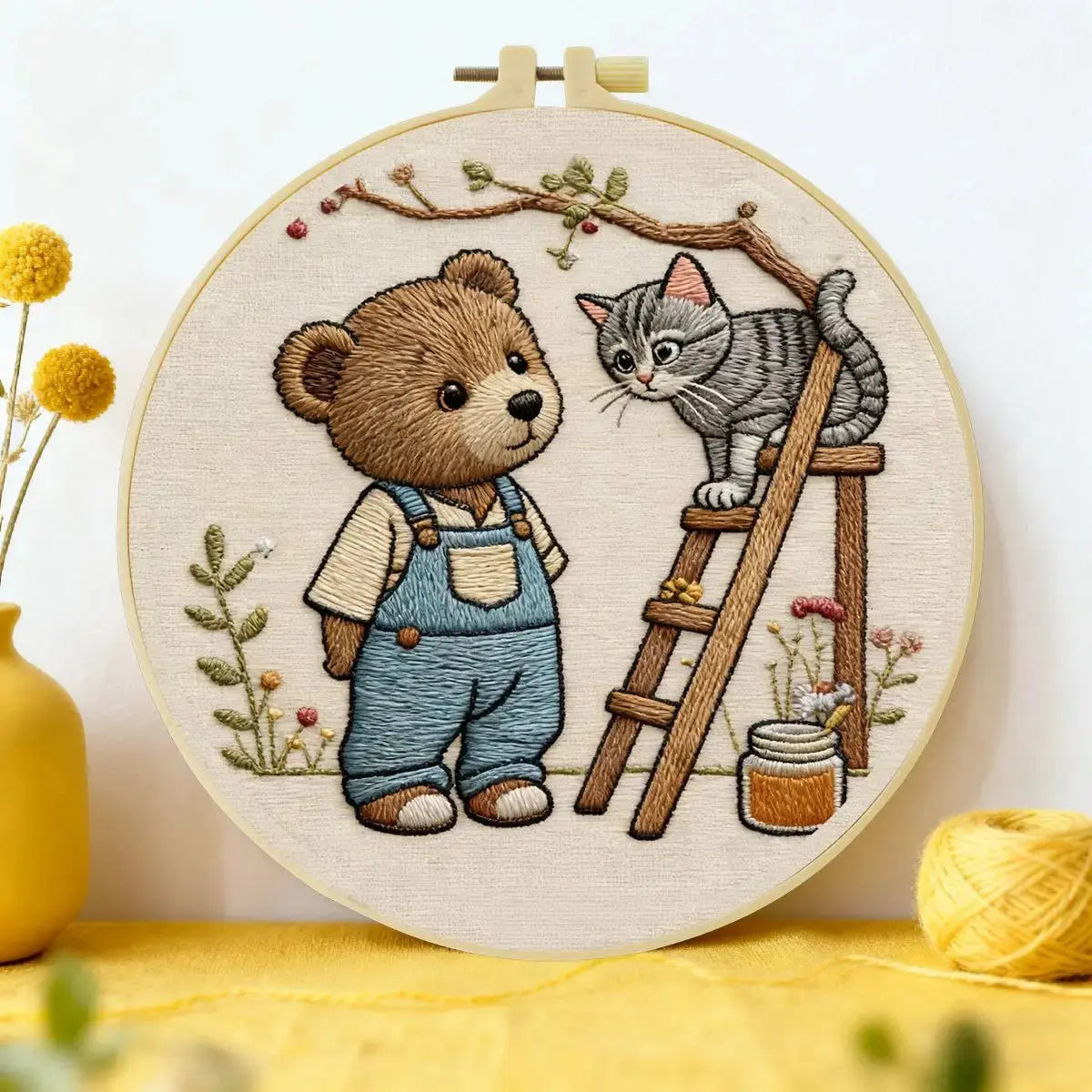 Bear & Kitten Friends Embroidery Kit – Whimsical Woodland DIY Hand Embroidery Set 🧸🐱🌿 Kits For Stitchers