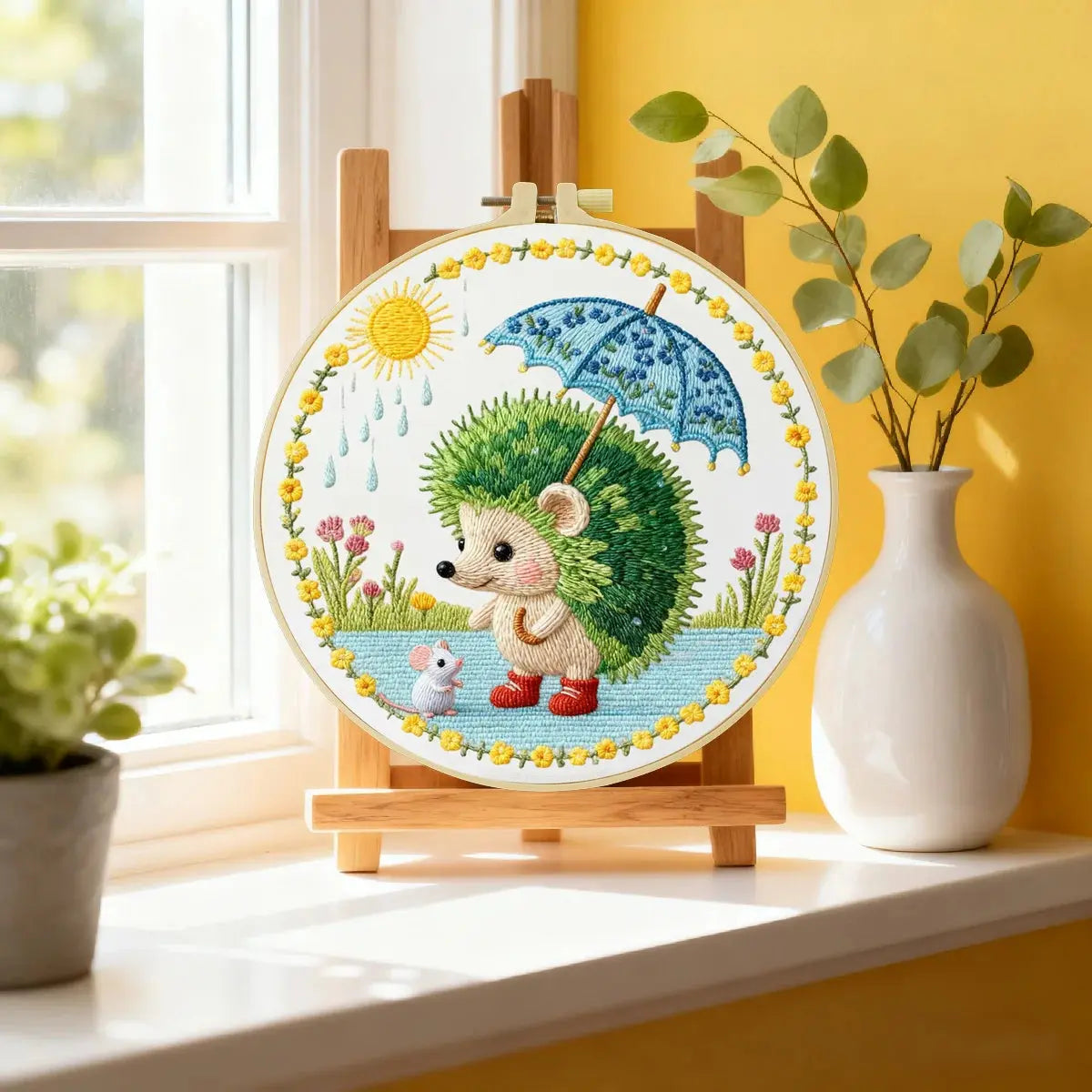 Cute Hedgehog Embroidery Kit – Woodland Animal with Umbrella DIY Sewing Craft, Whimsical Nursery Hoop Wall Art Decor Kits For Stitchers