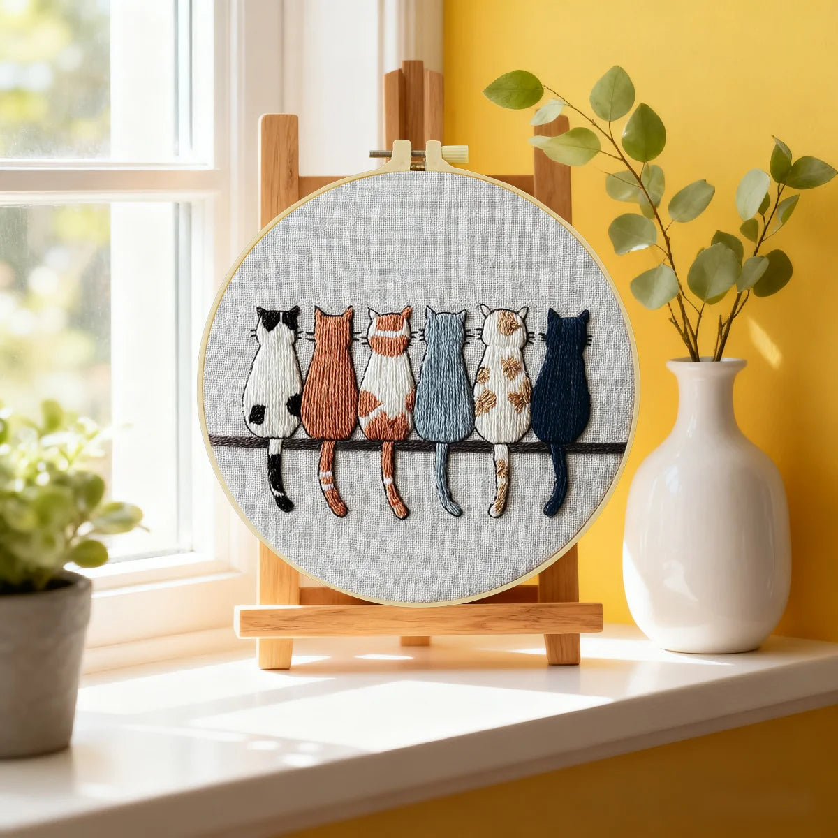 Minimalist Cat Lineup Embroidery Kit – Cute Sitting Cats Needlepoint Pattern with Modern Neutral Aesthetic for Cat Lovers