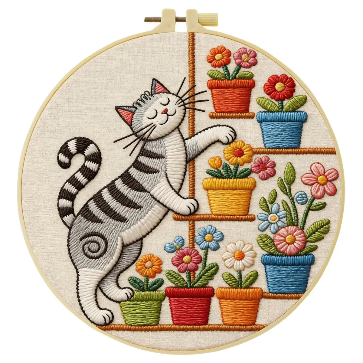 Cute Cat & Flowers Punch Needle Wall Art – Handmade Embroidery Hoop Decor for Nursery & Cozy Rooms