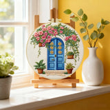 Blue Door Floral Embroidery Kit – DIY Cottage Garden Hoop Art for Beginners & Craft Lovers