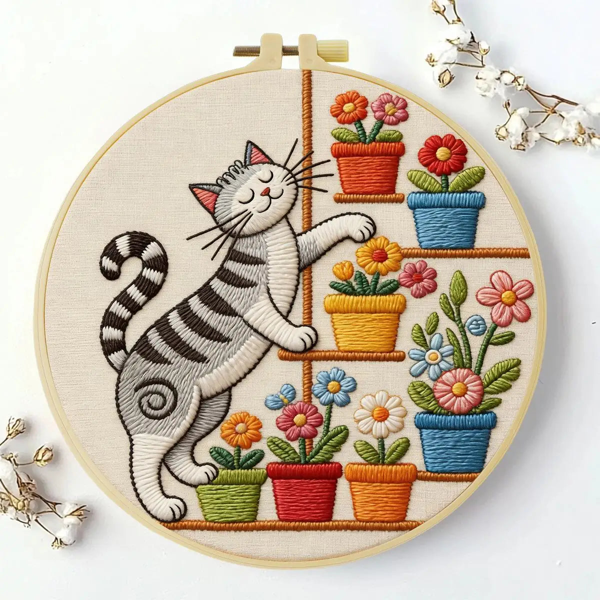 Cute Cat & Flowers Punch Needle Wall Art – Handmade Embroidery Hoop Decor for Nursery & Cozy Rooms