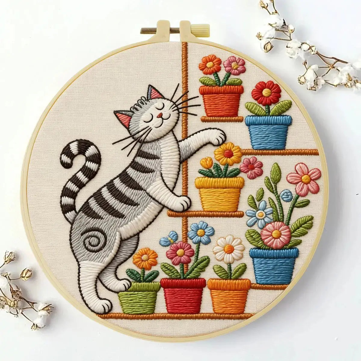 Cute Cat & Flowers Punch Needle Wall Art – Handmade Embroidery Hoop Decor for Nursery & Cozy Rooms Kits For Stitchers