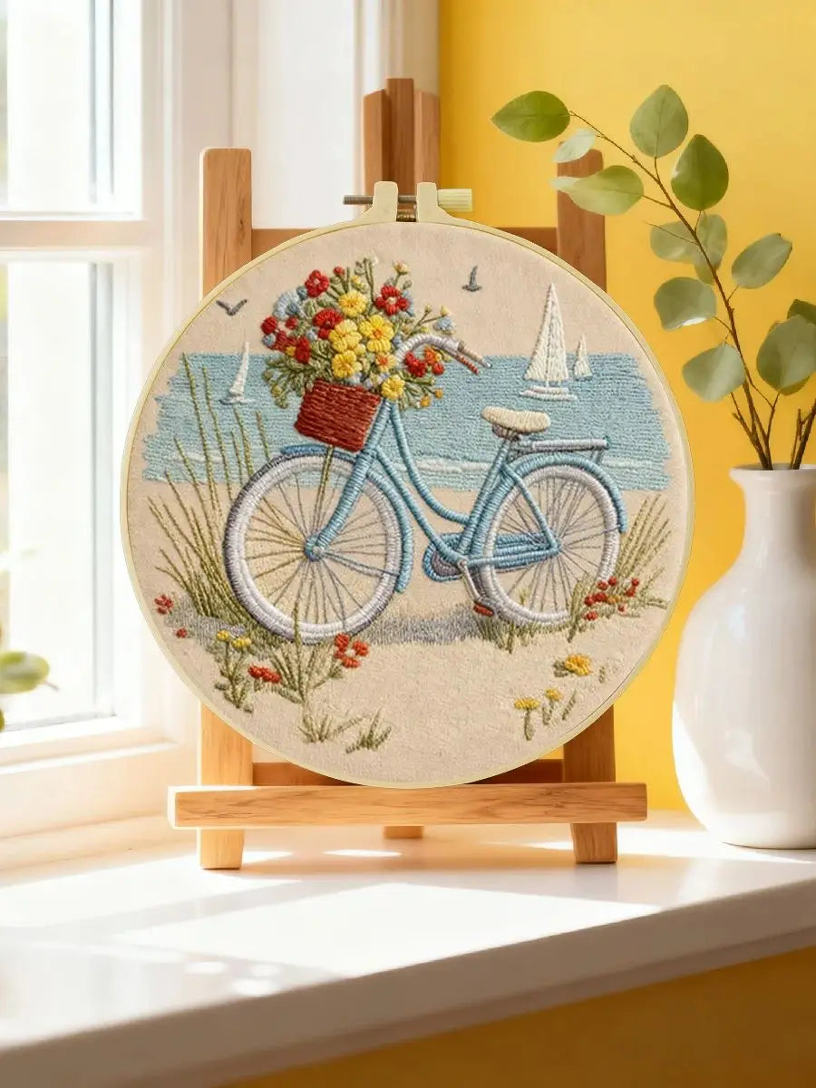 Handmade Beach Bicycle Embroidery Hoop Wall Art – Coastal Floral Bike Cottage Decor