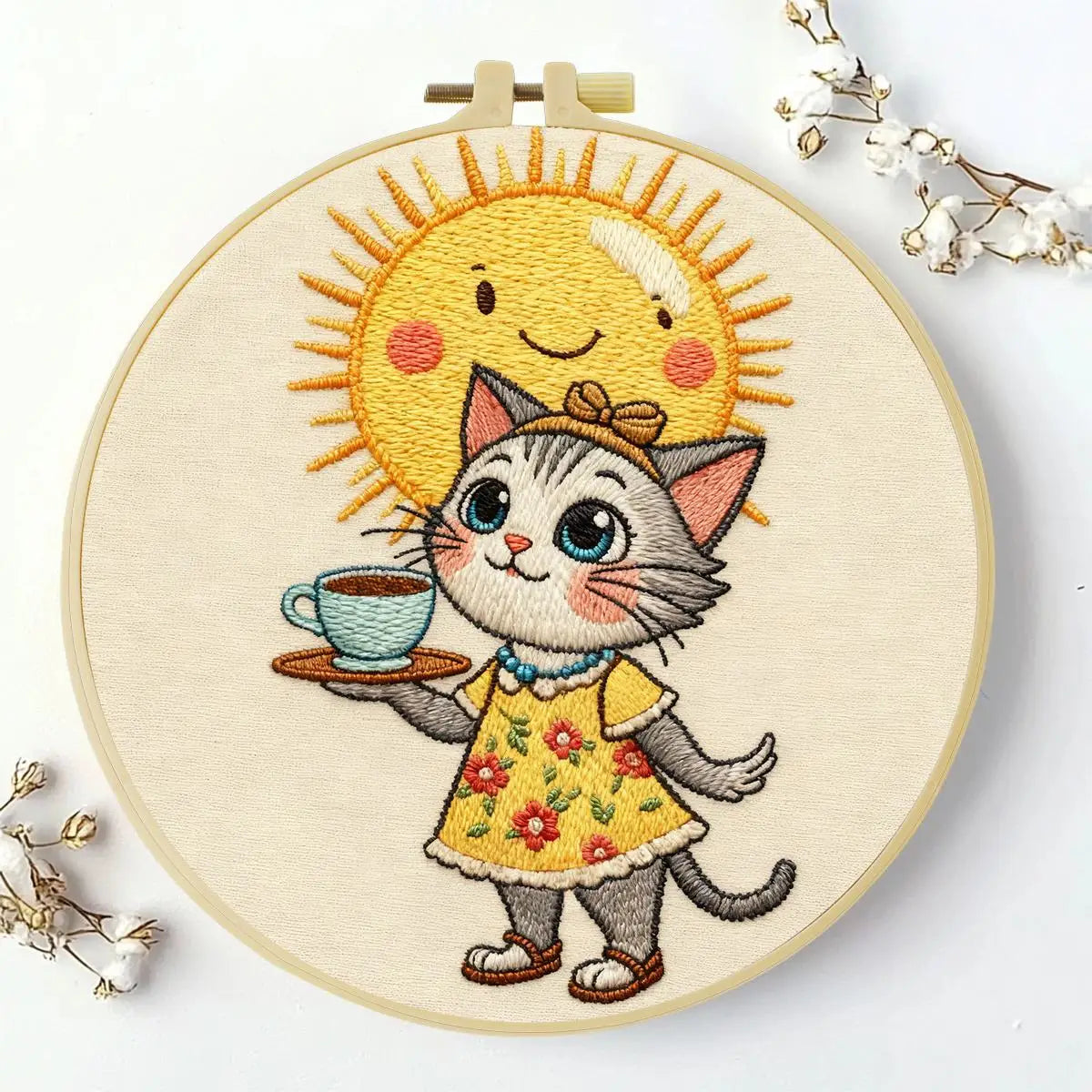 Cute Cat Tea Party Embroidery Kit – Kawaii Sunshine DIY Hand Embroidery Hoop Art Set