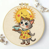 Cute Cat Tea Party Embroidery Kit – Kawaii Sunshine DIY Hand Embroidery Hoop Art Set