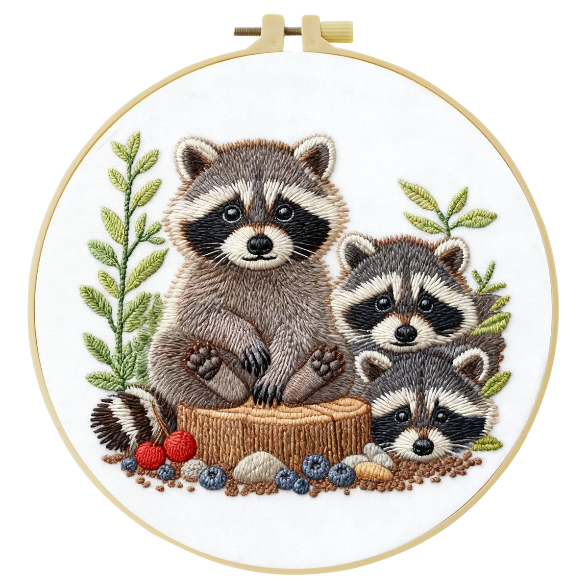 Cute Raccoon Family Embroidery Kit – Woodland Animal DIY Hand Embroidery Hoop Art, Forest Nursery Wall Decor Craft Kit