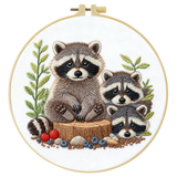 Cute Raccoon Family Embroidery Kit – Woodland Animal DIY Hand Embroidery Hoop Art, Forest Nursery Wall Decor Craft Kit