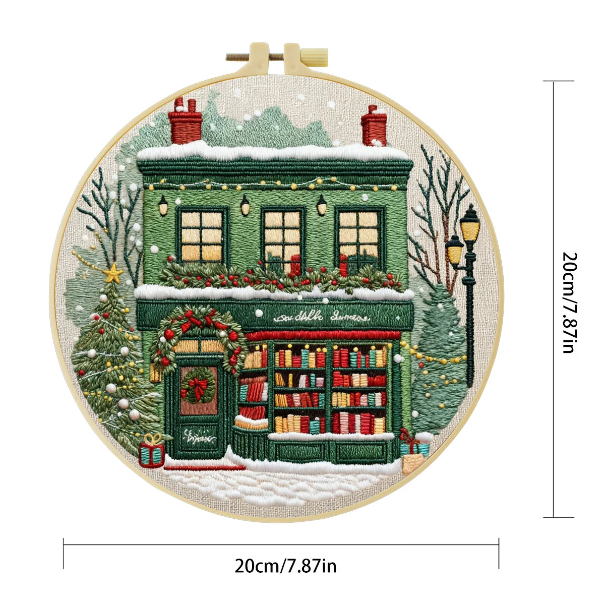 Christmas Bookstore Embroidery Kit – DIY Winter Holiday Village Sewing Craft Set, Festive Snowy Shop Wall Art Decor