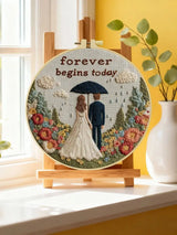 Forever Begins Today Embroidery Kit – Romantic Wedding Couple Needlepoint Pattern with Floral Garden & Love Quote Design