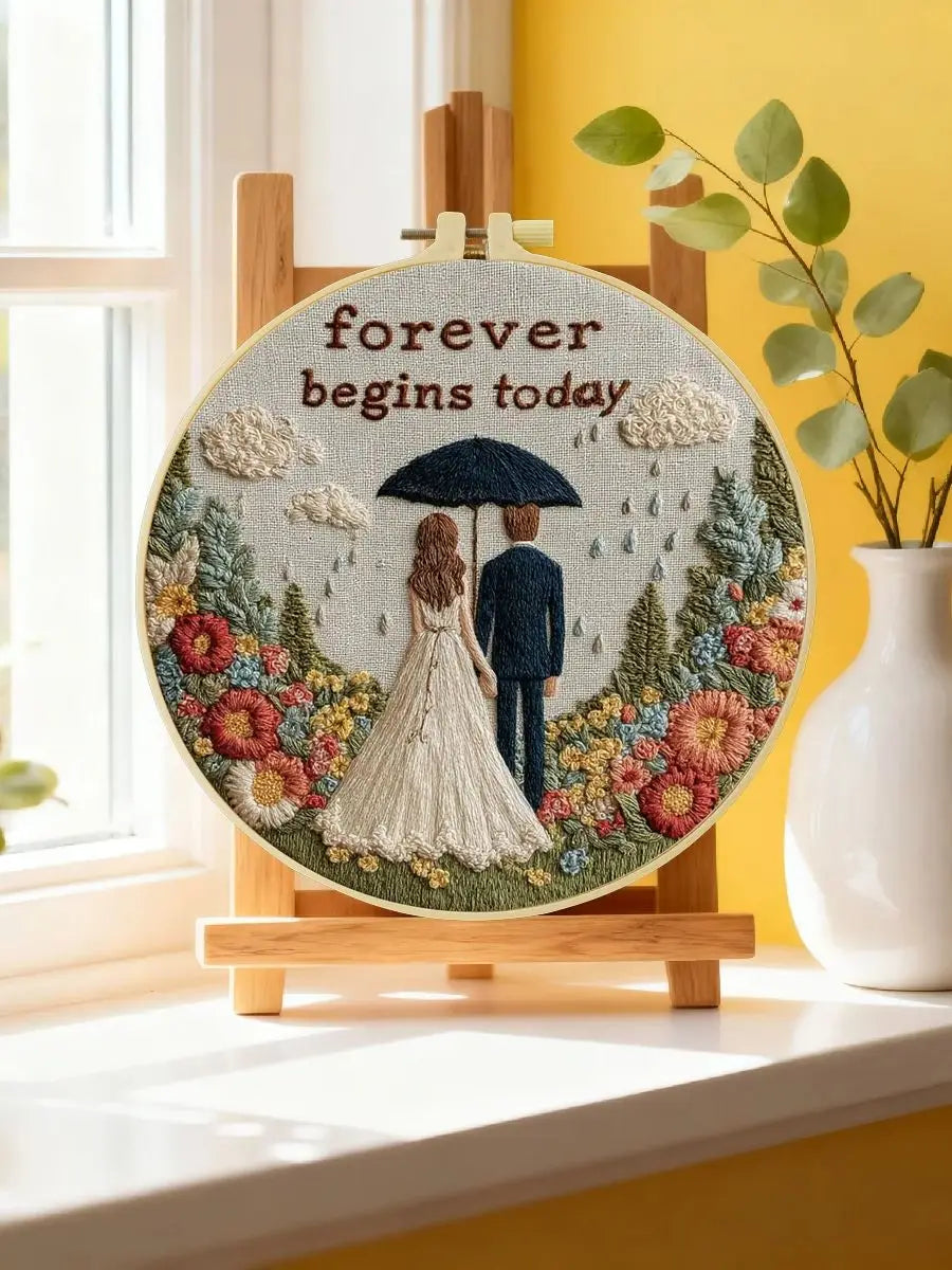 Forever Begins Today Embroidery Kit – Romantic Wedding Couple Needlepoint Pattern with Floral Garden & Love Quote Design