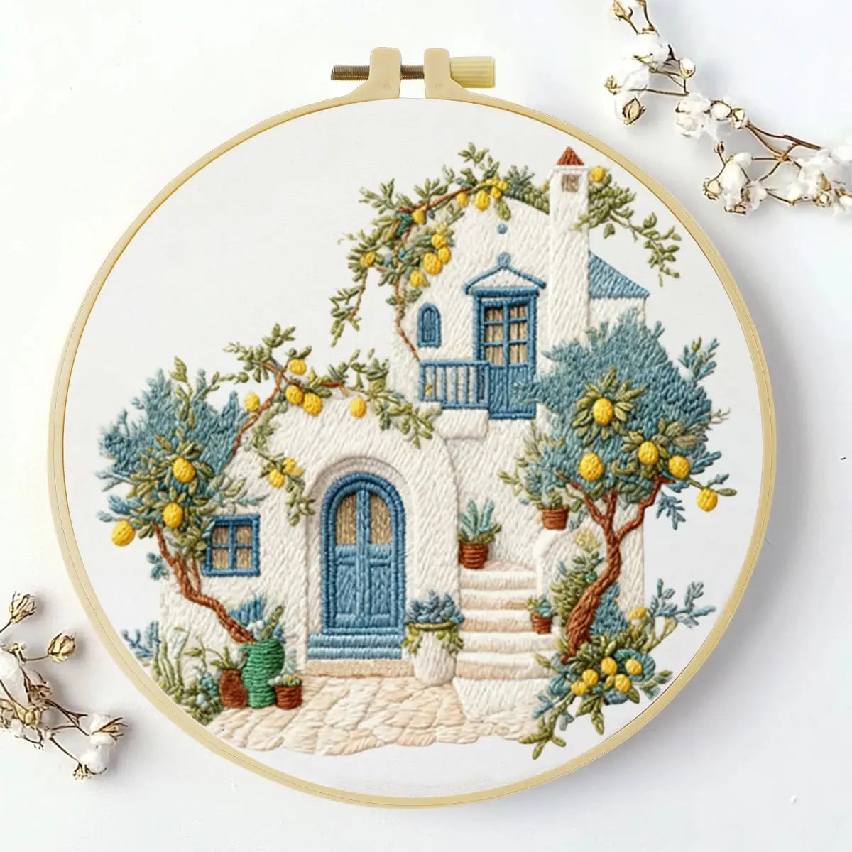 Mediterranean Lemon House Embroidery Kit – DIY Coastal Cottage Hoop Art for Beginners & Craft Lovers