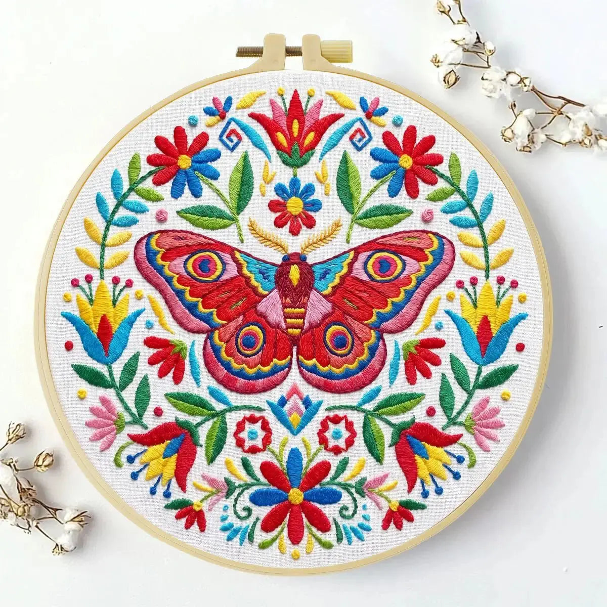 Colorful Folk Moth & Floral Embroidery Kit Kits For Stitchers