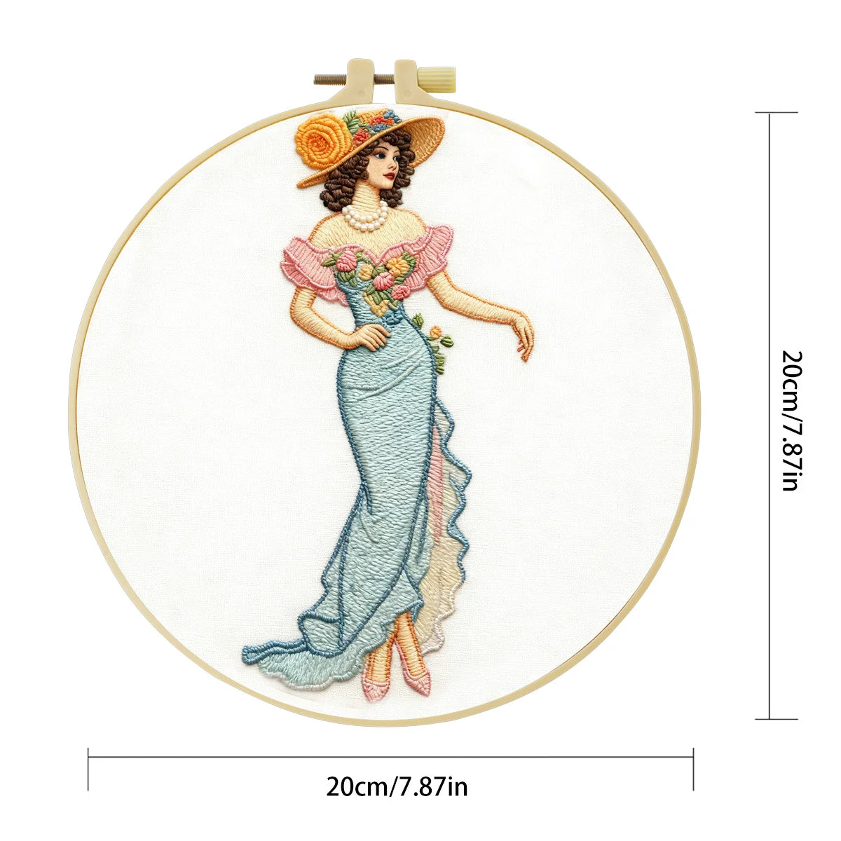 Vintage Lady in Elegant Dress Embroidery Kit – Victorian Style Woman with Floral Gown & Hat DIY Hand Stitch Art Set with Hoop & Threads