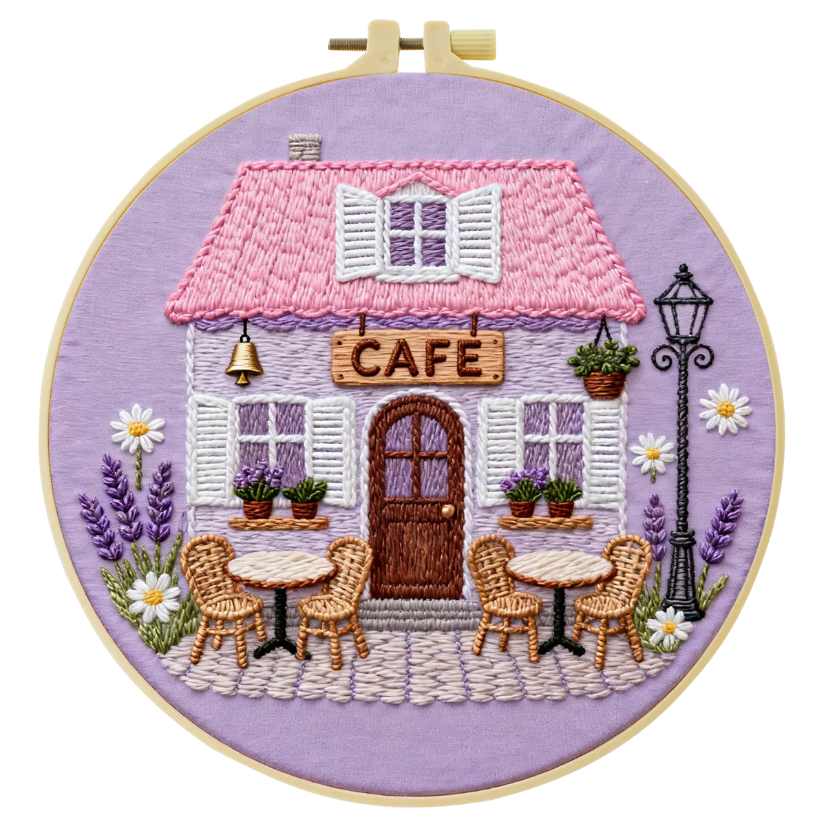 Charming Cafe House Embroidery Starter Kit – DIY Floral Cottage Sewing Art Set for Beginners