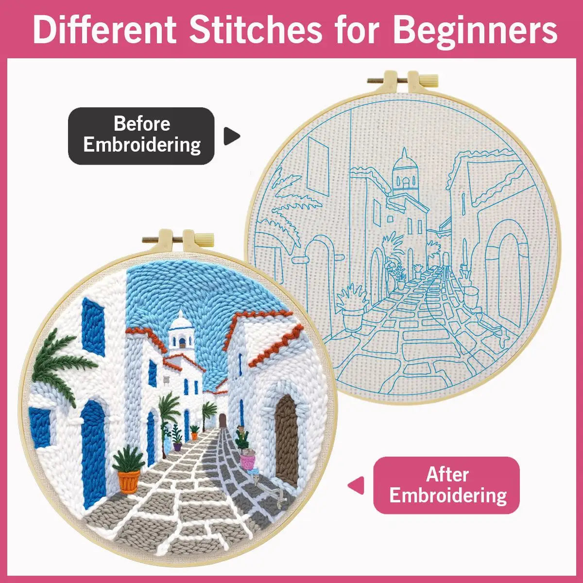 Mediterranean Greek Alley Embroidery Kit – Santorini Inspired Coastal Village DIY Needlepoint Hoop Art Travel Decor Craft Gift for Adults