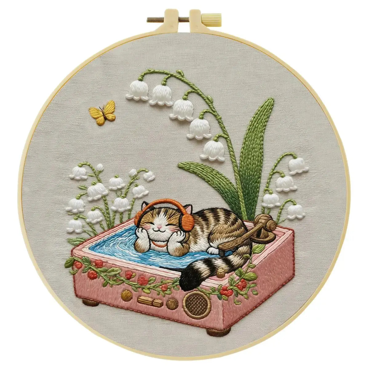 Cozy Cat & Lily of the Valley Embroidery Kit Kits For Stitchers